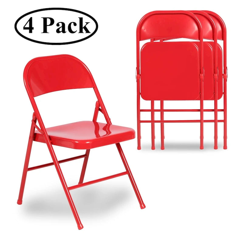 Folding Chairs Set of 4 Metal Frame Steel Seat with Triple Braced