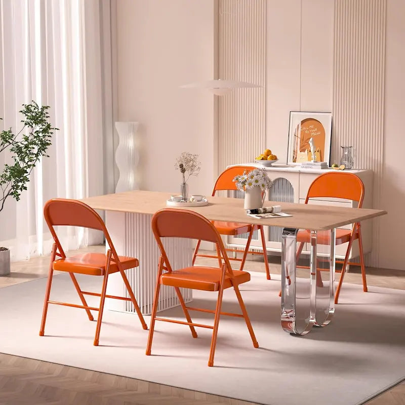 Folding Chairs Set of 4 Metal Frame Steel Seat with Triple Braced