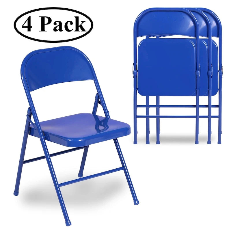 Folding Chairs Set of 4 Metal Frame Steel Seat with Triple Braced