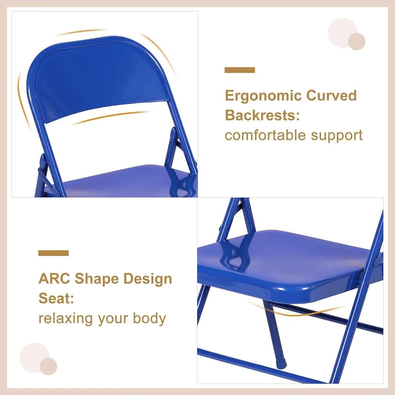 Folding Chairs Set of 4 Metal Frame Steel Seat with Triple Braced