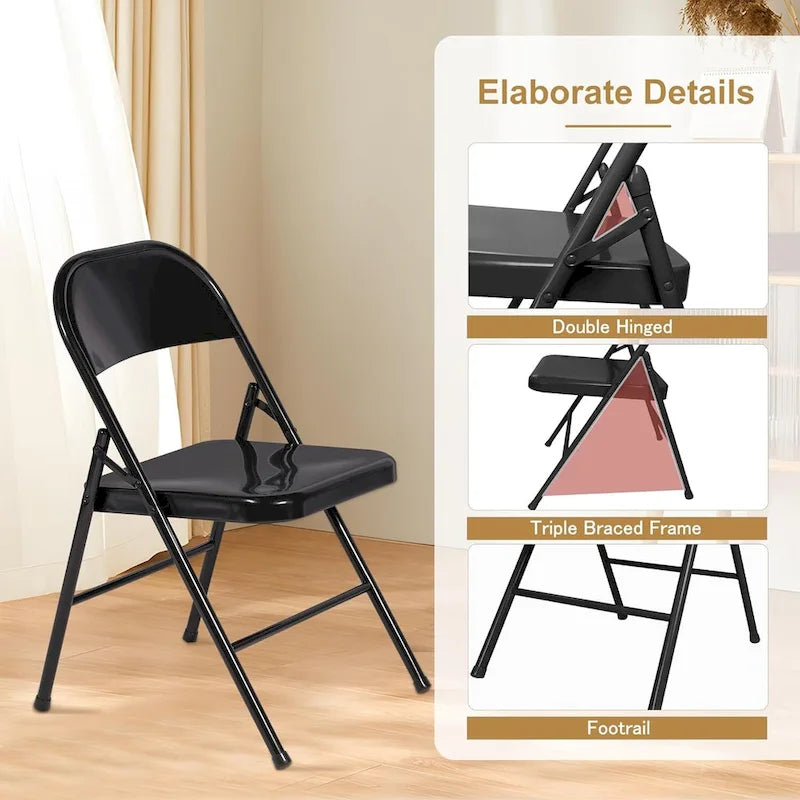 Folding Chairs Set of 4 Metal Frame Steel Seat with Triple Braced