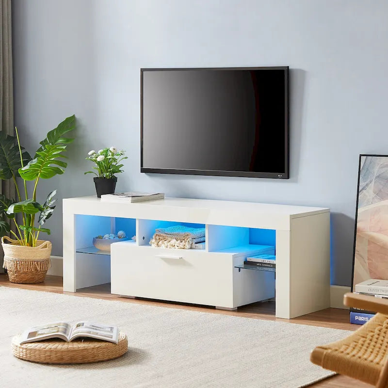 White 51.22 TV Stand with LED Lights and Toughened Glass Shelf for TVs Up to 55
