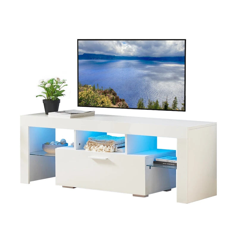 White 51.22 TV Stand with LED Lights and Toughened Glass Shelf for TVs Up to 55