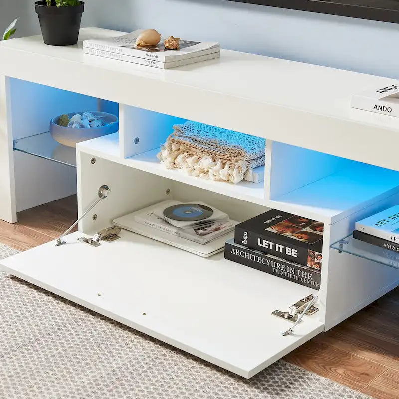 White 51.22 TV Stand with LED Lights and Toughened Glass Shelf for TVs Up to 55