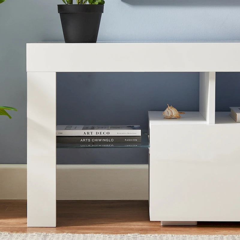 White 51.22 TV Stand with LED Lights and Toughened Glass Shelf for TVs Up to 55