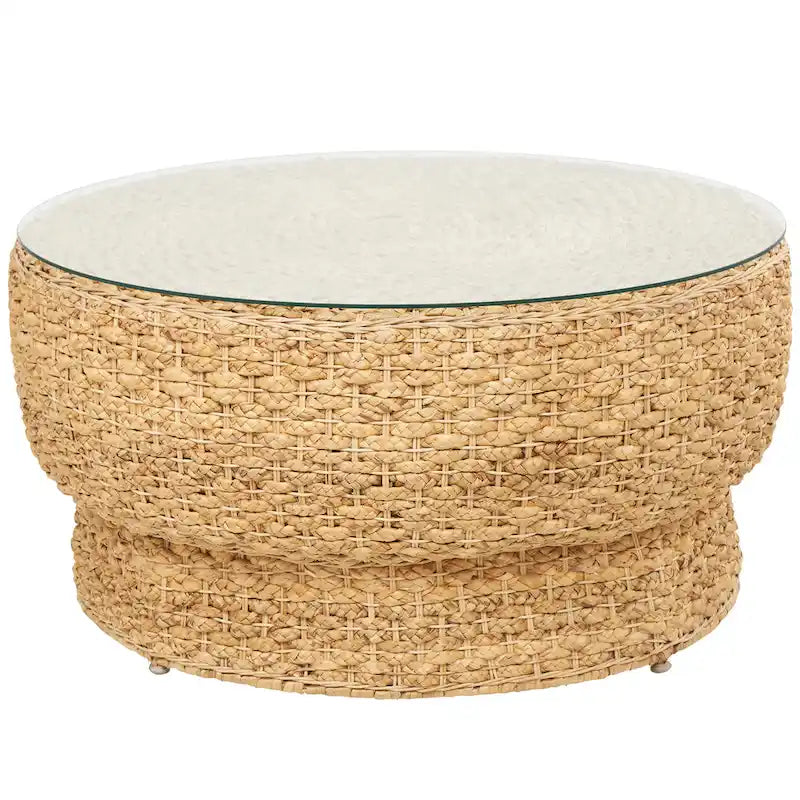 Rattan and Seagrass Handmade Woven Tapered Coffee Table or Accent Table with Glass Top Brown 