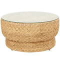 Rattan and Seagrass Handmade Woven Tapered Coffee Table or Accent Table with Glass Top Brown 