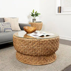 Rattan and Seagrass Handmade Woven Tapered Coffee Table or Accent Table with Glass Top Brown