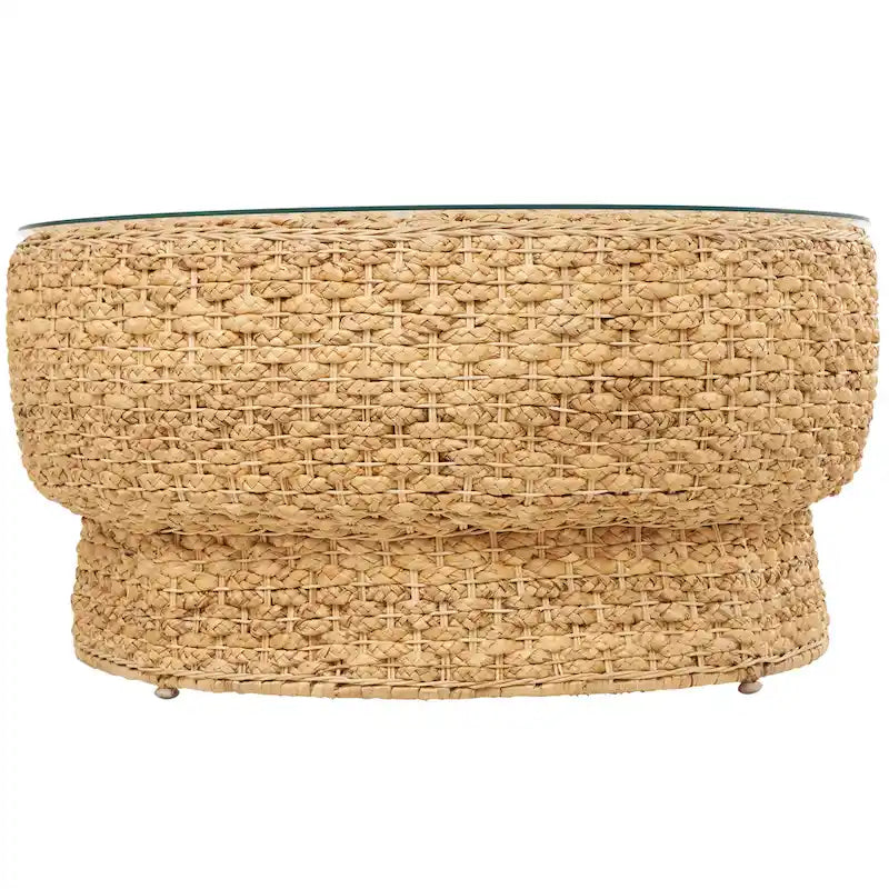 Rattan and Seagrass Handmade Woven Tapered Coffee Table or Accent Table with Glass Top Brown