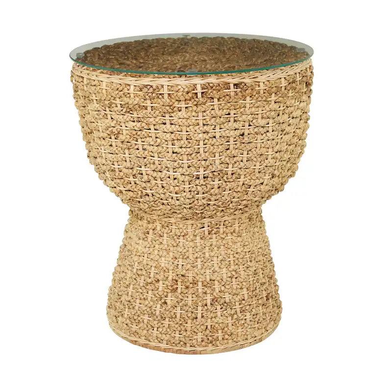 Rattan and Seagrass Handmade Woven Tapered Coffee Table or Accent Table with Glass Top Brown