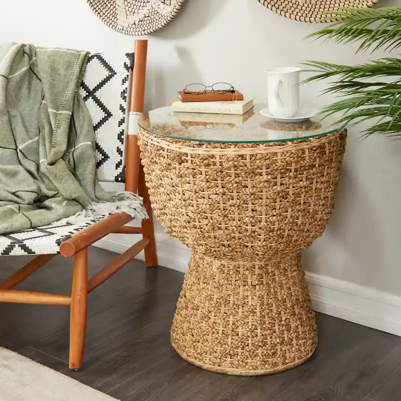 Rattan and Seagrass Handmade Woven Tapered Coffee Table or Accent Table with Glass Top Brown