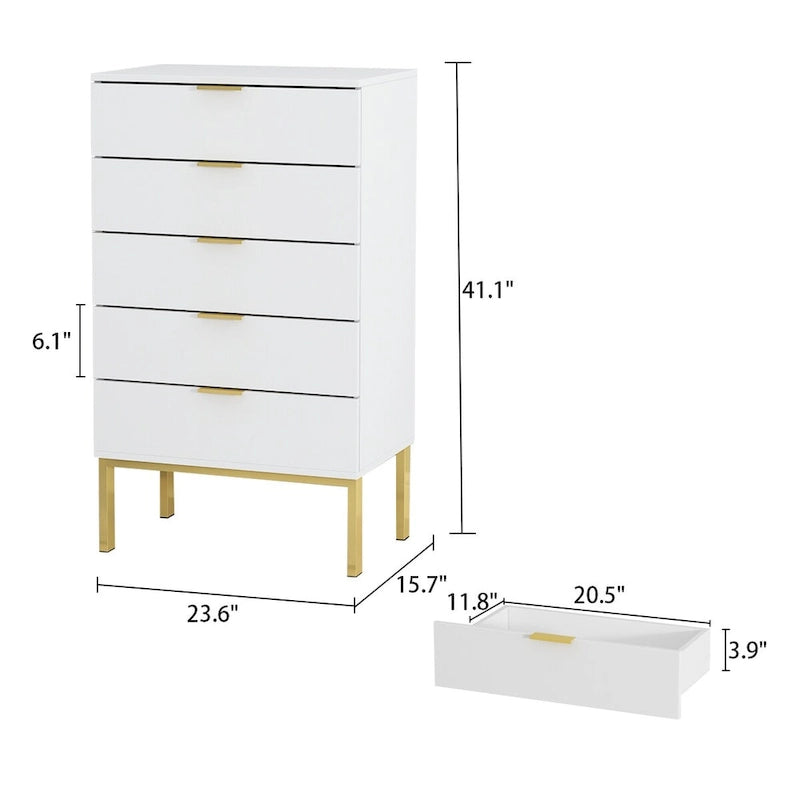 5 Drawer Dresser Chest End Table Storage Cabinet 23.6 W White/Back