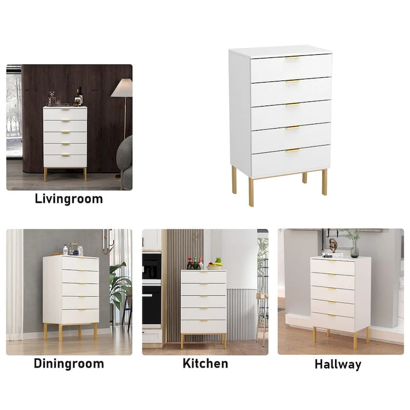 5 Drawer Dresser Chest End Table Storage Cabinet 23.6 W White/Back