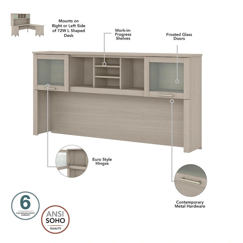 Somerset 72W Office Desk with Hutch and 5 Shelf Bookcase in Ash Gray