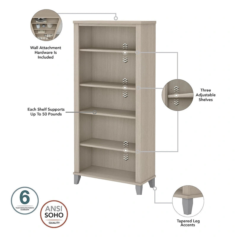 Somerset 72W Office Desk with Hutch and 5 Shelf Bookcase in Ash Gray