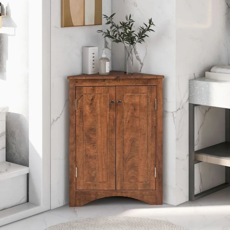 Brown Triangle Bathroom Storage Cabinet with Adjustable Shelves, Freestanding Floor Cabinet