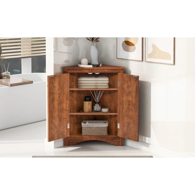 Brown Triangle Bathroom Storage Cabinet with Adjustable Shelves, Freestanding Floor Cabinet