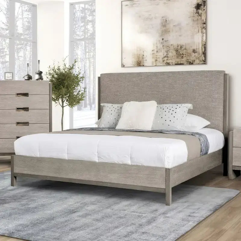  Cruz Contemporary Gray Solid Wood Panel Bed Frame with Upholstered Headboard