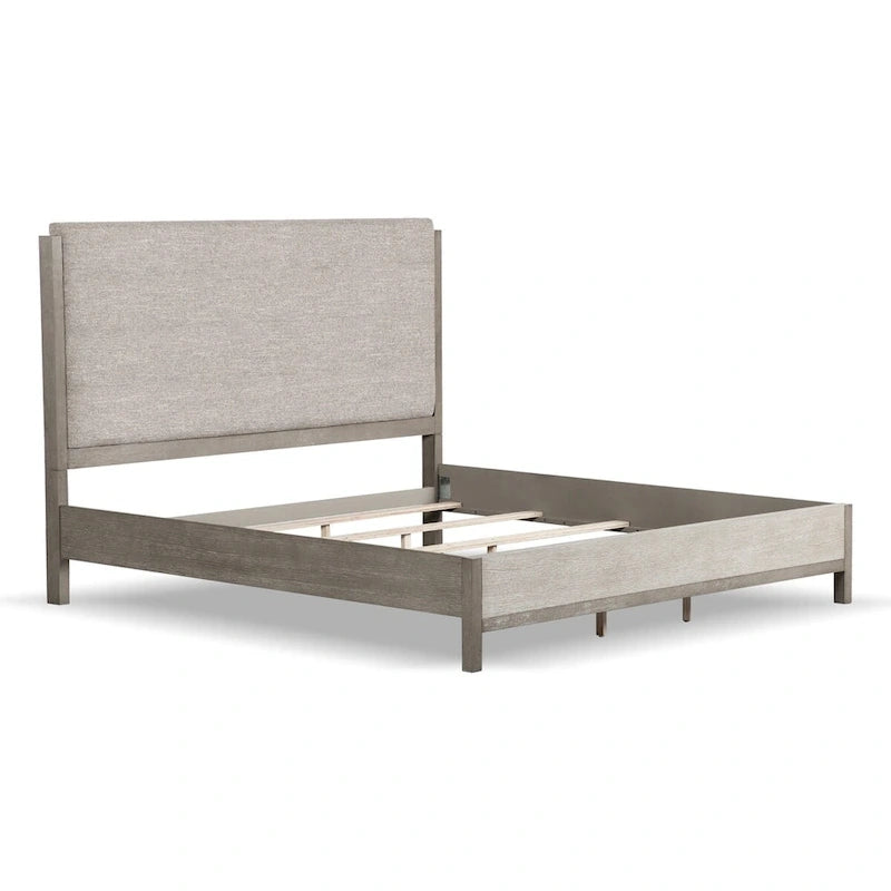 Cruz Contemporary Gray Solid Wood Panel Bed Frame with Upholstered Headboard