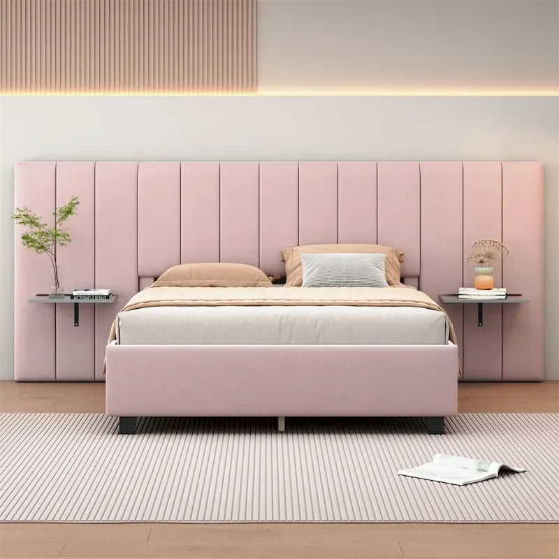 Queen Size Velvet Upholstered Platform Bed with Big Headboard