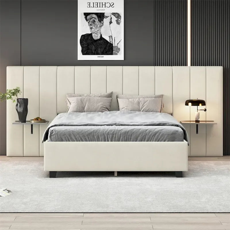 Queen Size Velvet Upholstered Platform Bed with Big Headboard