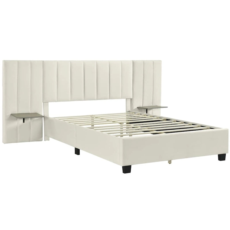 Queen Size Velvet Upholstered Platform Bed with Big Headboard