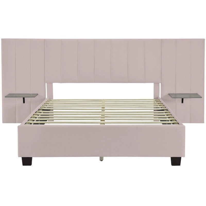 Queen Size Velvet Upholstered Platform Bed with Big Headboard