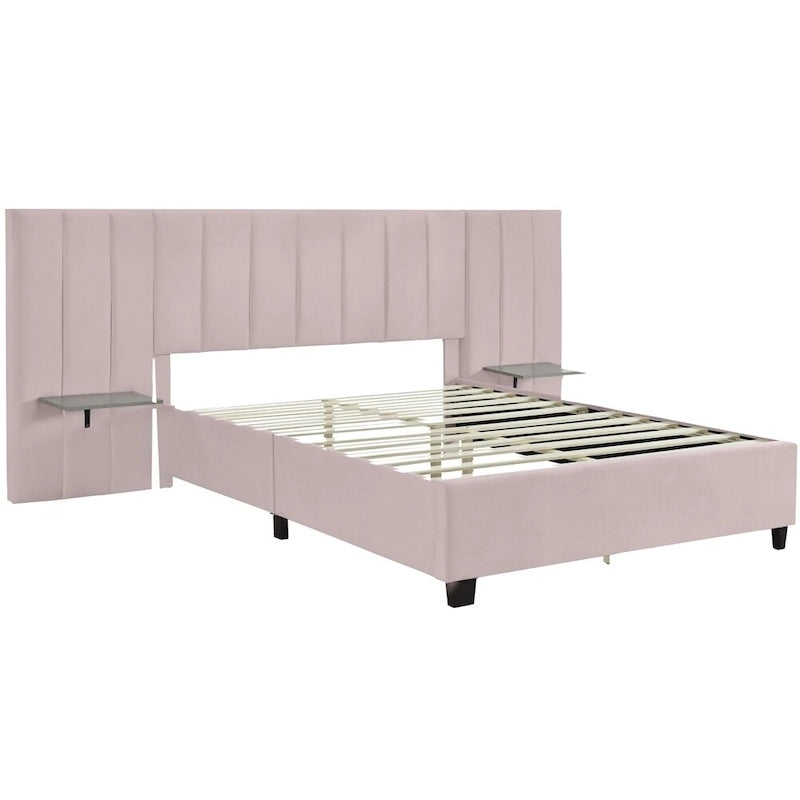 Queen Size Velvet Upholstered Platform Bed with Big Headboard