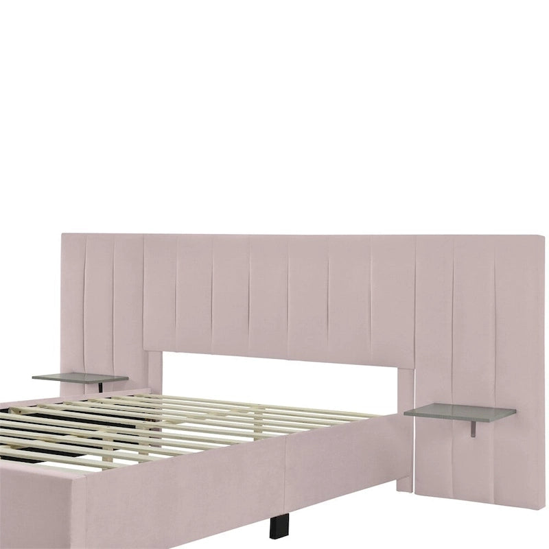 Queen Size Velvet Upholstered Platform Bed with Big Headboard
