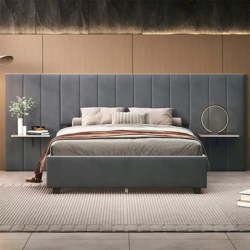 Queen Size Velvet Upholstered Platform Bed with Big Headboard
