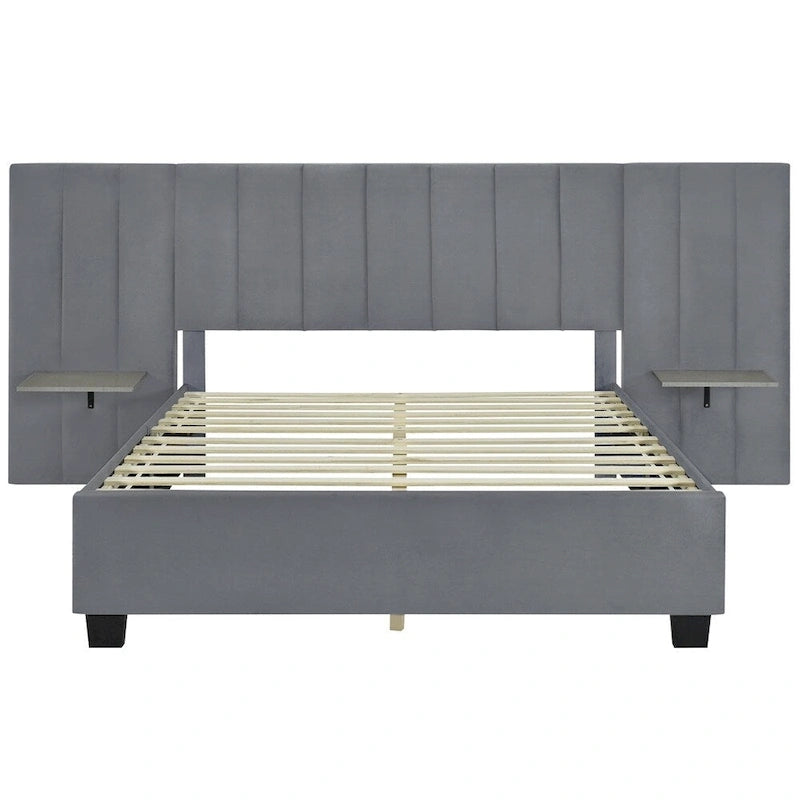 Queen Size Velvet Upholstered Platform Bed with Big Headboard