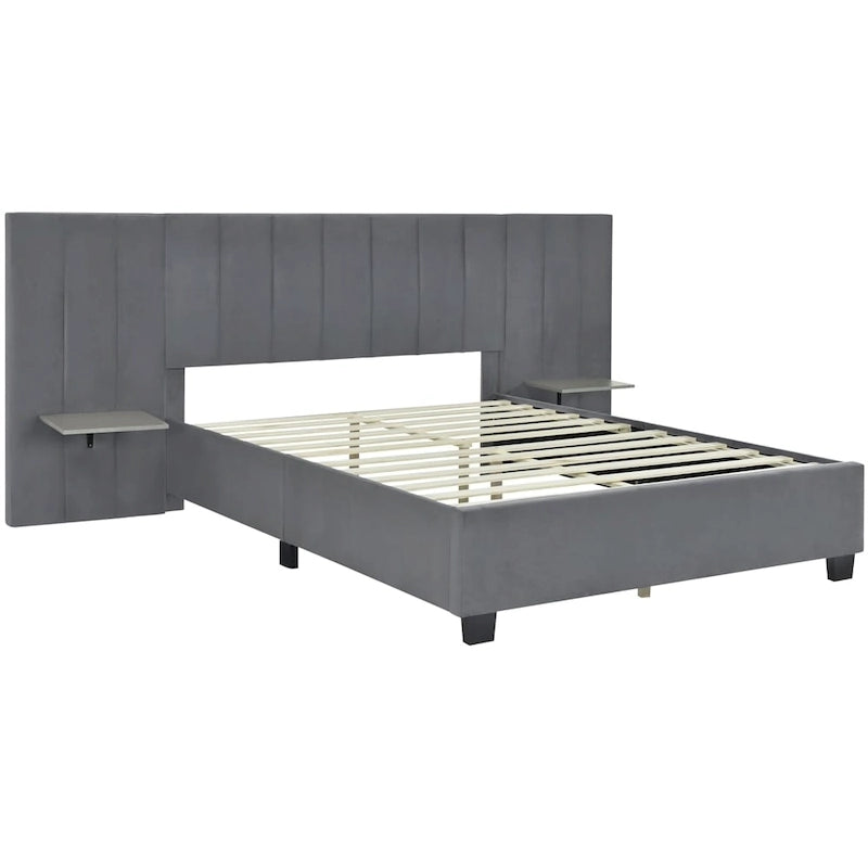 Queen Size Velvet Upholstered Platform Bed with Big Headboard