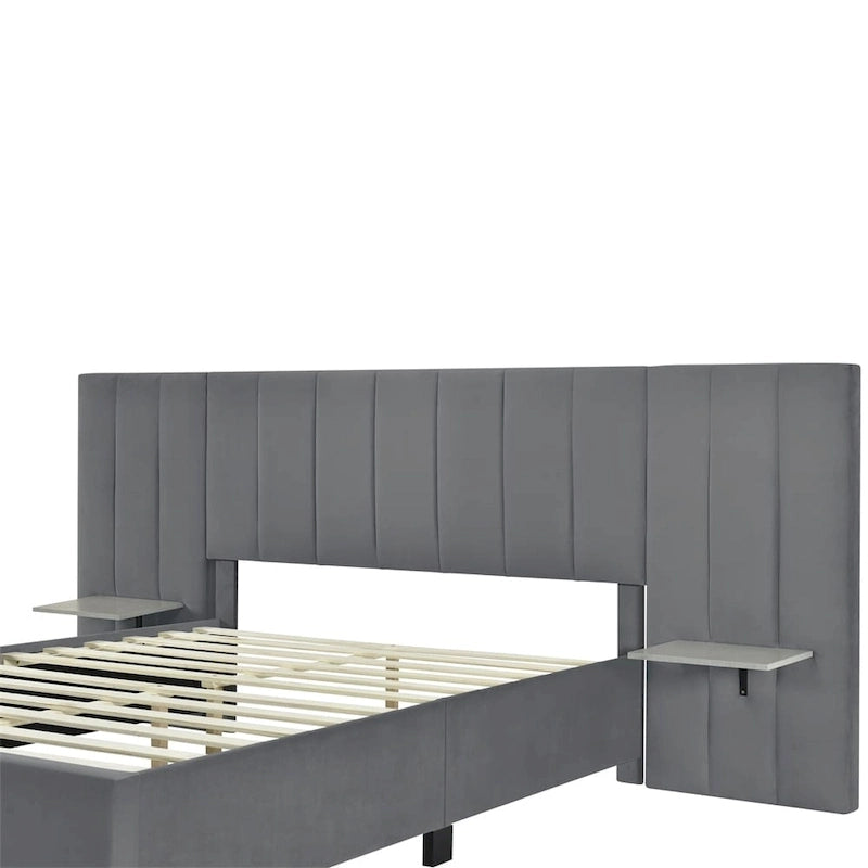 Queen Size Velvet Upholstered Platform Bed with Big Headboard