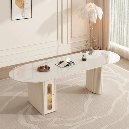 8 Person Folding Storage Dining Table Modern 78.7in Extendable Oval Dining Table,White Sintered Stone