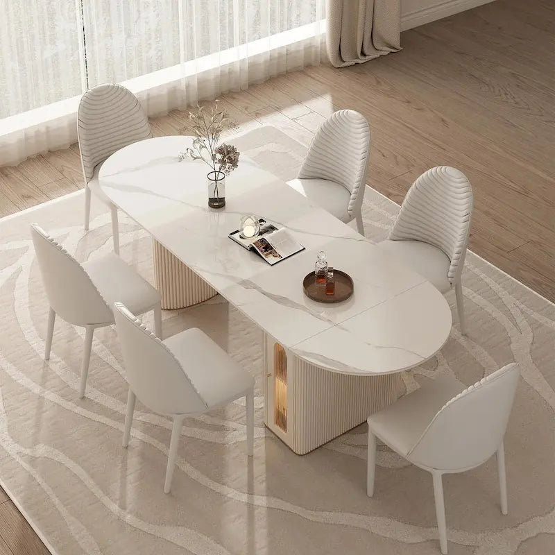 8 Person Folding Storage Dining Table Modern 78.7in Extendable Oval Dining Table,White Sintered Stone