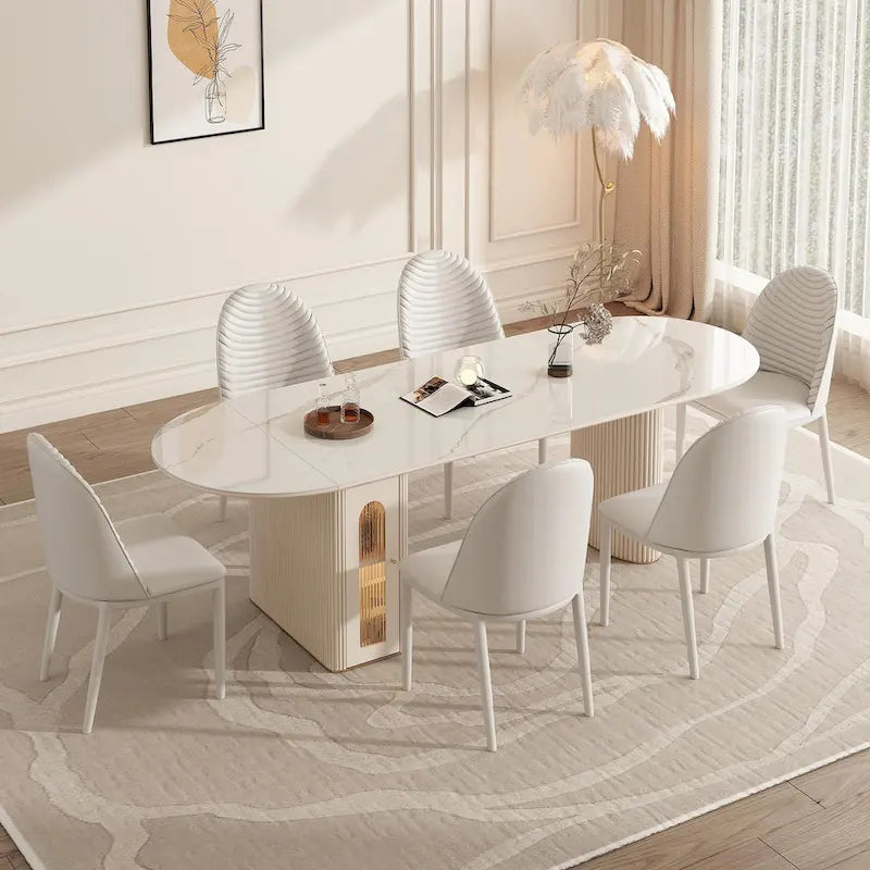 8 Person Folding Storage Dining Table Modern 78.7in Extendable Oval Dining Table,White Sintered Stone