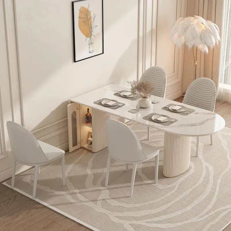 8 Person Folding Storage Dining Table Modern 78.7in Extendable Oval Dining Table,White Sintered Stone